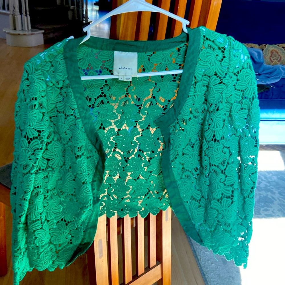 Anthropologic  Green Jacket- delicate embroidered and satin trim